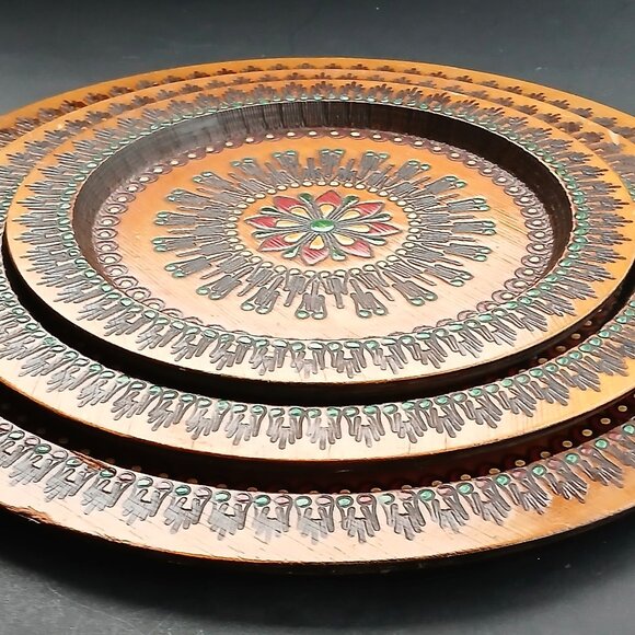 VTG Handcrafted Set of 3 Wooden Trays Decorative Plates Folk Art Mandala Design - Picture 11 of 14